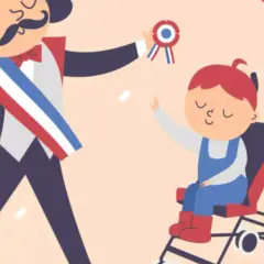 Célébration d'un baptême civil : un maire avec écharpe tricolore offre une médaille à un enfant en poussette, entourés de confettis. Le parrain et la marraine sont symbolisés.