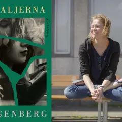 Bokomslag för "Detaljerna" av Ia Genberg, med en bild på författaren Ia Genberg sittande på en bänk.