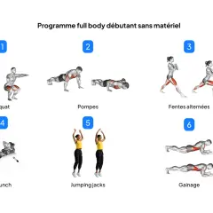 Programme de renforcement musculaire femme : squats, pompes, fentes, crunchs, jumping jacks et gainage pour un corps tonique.