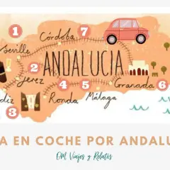 Mapa ilustrado de la ruta en coche por Andalucía, con ciudades como Sevilla, Cádiz, Jerez, Ronda, Málaga, Granada y Córdoba.