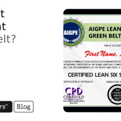 Certyfikat AIGPE Lean Six Sigma Green Belt z pieczęciami CPD i Advanced Innovation Group.