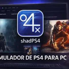 Logo shadPS4, z postaciami z gier i napisem "EMULADOR DE PS4 PARA PC".