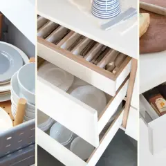 Tips on how to organize kitchen drawers: neatly stacked plates, cutlery in dividers, and spices arranged for easy access.
