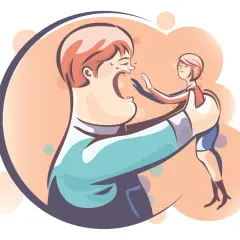 Un genitore disperato cerca risposte su cosa fare quando un figlio ti tratta male. La figura del genitore è enorme, quella del figlio piccola e ribelle.