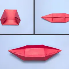 Passaggi per creare una barchetta di carta rossa. La prima immagine mostra la base, la seconda la forma allungata, la terza la barchetta aperta.