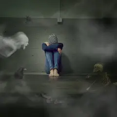 Osoba skulona w kącie, otoczona przez zjawy, pająka, kruka, węża i szkielet. Obraz symbolizuje stany lękowe.