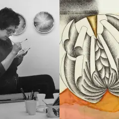 A woman paints, embodying the spirit of the feminist art movement. Beside her, a detailed drawing of a stylized, organic form.