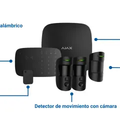 Sistema de alarma PIR: panel de control, teclado inalámbrico, llavero inteligente, detectores de movimiento y detector con cámara.
