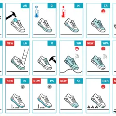 Icônes illustrant les propriétés de la matière de chaussure : résistance à l'eau, aux chocs, aux températures, etc.