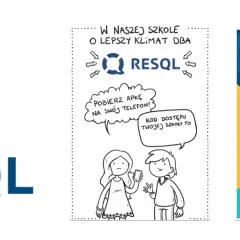 Logo RESQL i rysunki dzieci, jedno z telefonem, drugie z chmurką dialogową.