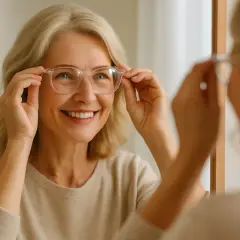 Uśmiechnięta kobieta przymierza okulary, zastanawiając się, jakie okulary odmładzają. Jasne oprawki dodają jej blasku.