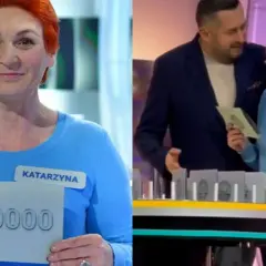 Kobieta z imieniem Katarzyna trzyma kartkę z napisem 100000, obok mężczyzna ją obejmuje.