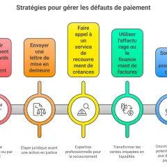 Schéma des stratégies de gestion des impayés : relance, mise en demeure, recouvrement, affacturage, assurance-crédit. Utile pour savoir quand porter plainte pour argent non rendu.