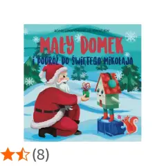 Święty Mikołaj wręcza prezent małemu domkowi. Ilustracja z książki "Mały Domek i podróż do Świętego Mikołaja" dla dzieci.