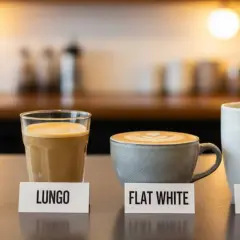 Cztery kawy: espresso, lungo, flat white i americano, prezentowane w szklanych i ceramicznych naczyniach.