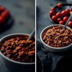 Un tazón de boloñesa de lentejas, con tomates cherry al fondo.