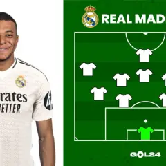 Mbappé w białej koszulce Realu Madryt obok schematu taktycznego.