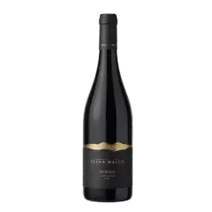 Bottiglia di vino Schiava Elena Walch, con etichetta nera e oro che raffigura montagne. Le caratteristiche di questo vino sono uniche.