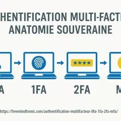 Illustration montrant l'évolution de l'authentification : d'un facteur (OF A) à l'authentification multi-facteur (MFA) via empreinte digitale et mot de passe.