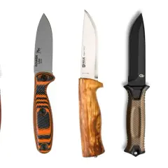 Cinco cuchillos de diferentes diseños, uno de ellos es el mejor cuchillo militar, con mangos de madera, naranja y negro, y verde.