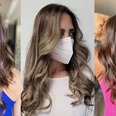 Cabello castaño con mechas mousy hair, ondas suaves y brillo natural.