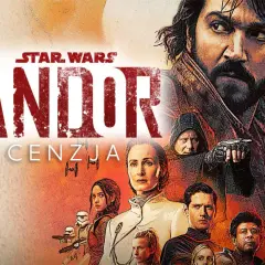 Plakat serialu Star Wars: Andor. W centrum Cassian Andor, obok niego inne postacie, w tym Mon Mothma. Napis "RECENZJA".