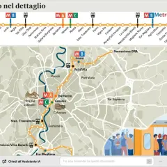 Mappa dettagliata delle fermate metro a Roma, con linee A, B, C e Metromare. Include stazioni come Barberini, Colosseo, Eur Magliana e Nomentana GRA.