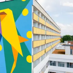 Kolorowy mural z ptakiem zdobi ścianę sanatorium milicyjnego w Nałęczowie.