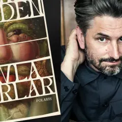 En bild på författaren Jonas Hassen Khemiri bredvid bokomslaget till "Jävla Karlar" av Anders Walden.