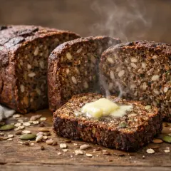 Tranche de pain nordique recette, garnie de beurre fondant et de vapeur s'échappant. Des graines et des flocons d'avoine parsèment la planche en bois.