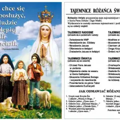 Matka Boża z Fatimy z dziećmi i owcami. Obok tekst o tajemnice światła krótkie rozważania.