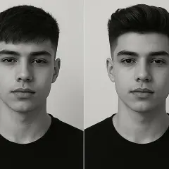 Dos estilos de peinado para hombre: un corte corto y moderno con flequillo recto, y otro con volumen y degradado. ¡Ideas para los mejores cortes de pelo hombre!