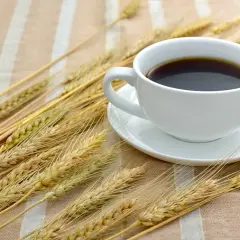 Una tazza di caffè d'orzo fumante, circondata da spighe dorate su una tovaglia a righe.