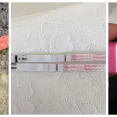 Tre positiva graviditetstest. Två stavar med två rosa streck, en digital med ett plus. Tidiga gravid symtom?