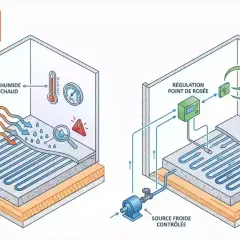 Illustration montrant les inconvénients du plancher rafraîchissant : condensation due à l'air chaud et humide, puis régulation du point de rosée.