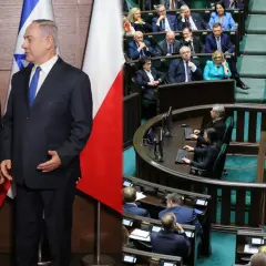 Mateusz Morawiecki i Benjamin Netanjahu stoją obok flag Izraela i Polski. W tle posłowie w sali sejmowej, co zrobiło pis.