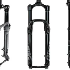 Three views of the RockShox Pike Ultimate fork, ready for a review.