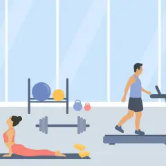 Ilustracja siłowni z kobietą ćwiczącą jogę i mężczyzną na bieżni.