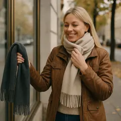 Uśmiechnięta kobieta w brązowej kurtce wybiera szal. Ma na sobie jasny szal, a w ręku trzyma ciemnoszary.