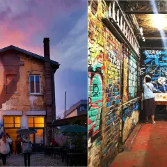 La gare le gore : un visage géant sur un bâtiment décrépit, contrastant avec un couloir aux murs couverts de graffitis colorés.