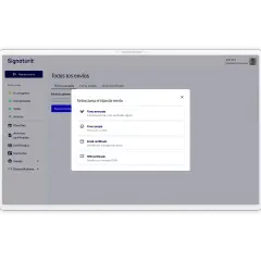Interfaz de Signaturit. Se muestra un modal para seleccionar el tipo de envío: Firma avanzada, Firma simple o Email certificado. Este documento se ha firmado y no se puede editar.
