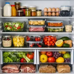 Lodówka pełna świeżych produktów: sałatka, owoce, warzywa w szufladzie FreshZone, jajka, nabiał i przetwory. Tak wygląda prawidłowe przechowywanie warzyw w lodówce.