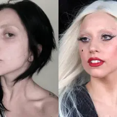 Lady Gaga kiedys: porównanie naturalnego wyglądu z czarnymi włosami i ikonicznego wizerunku z blond peruką i mocnym makijażem.