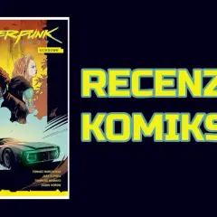 Mrok nad Tokyoramą w komiksie "Cyberpunk 2077: Kickdown". Dwie postacie i futurystyczny samochód na tle miasta.