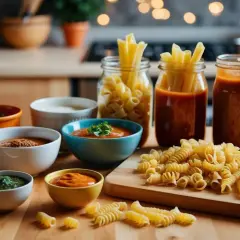 En härlig samling av olika pastasorter och såser, redo att bli en utsökt måltid. En perfekt pasta sorter-upplevelse.