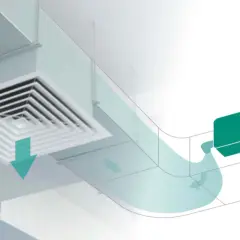 Sistema de ventilación con rejilla cuadrada y conductos que distribuyen aire ionizado para purificar el ambiente.