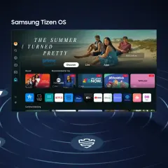 Interfejs Tizen OS na telewizorze Samsung. Widok ekranu głównego z rekomendacjami, aplikacjami i opcją "Kontynuuj oglądanie".