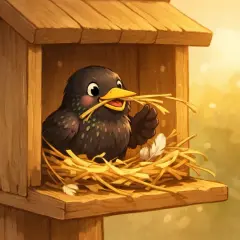 Ein süßer Vogel baut sein Sternennest mit Stroh.