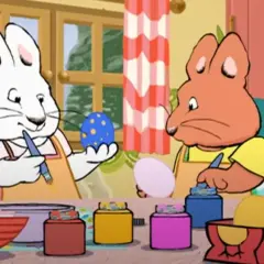 Max i Ruby malują pisanki, jak od kiedy bajki dla dzieci pokazują ich wielkanocne tradycje.