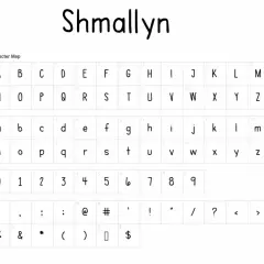 Mapa de caracteres con el nombre "Shmallyn". Muestra el abecedario completo en **letra imprenta**, números y símbolos.